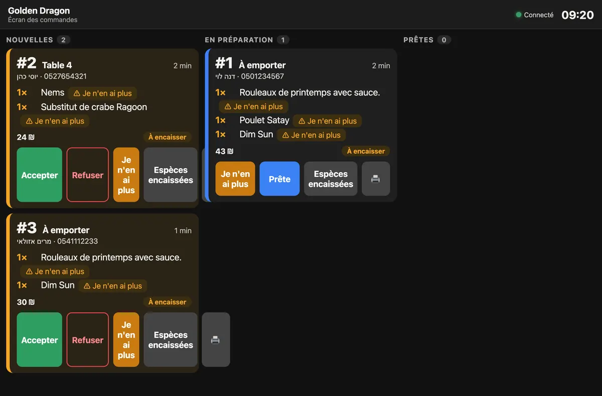 L'écran des commandes sur une tablette
