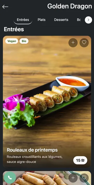 Captures réelles du menu Golden Dragon sur My Resto
